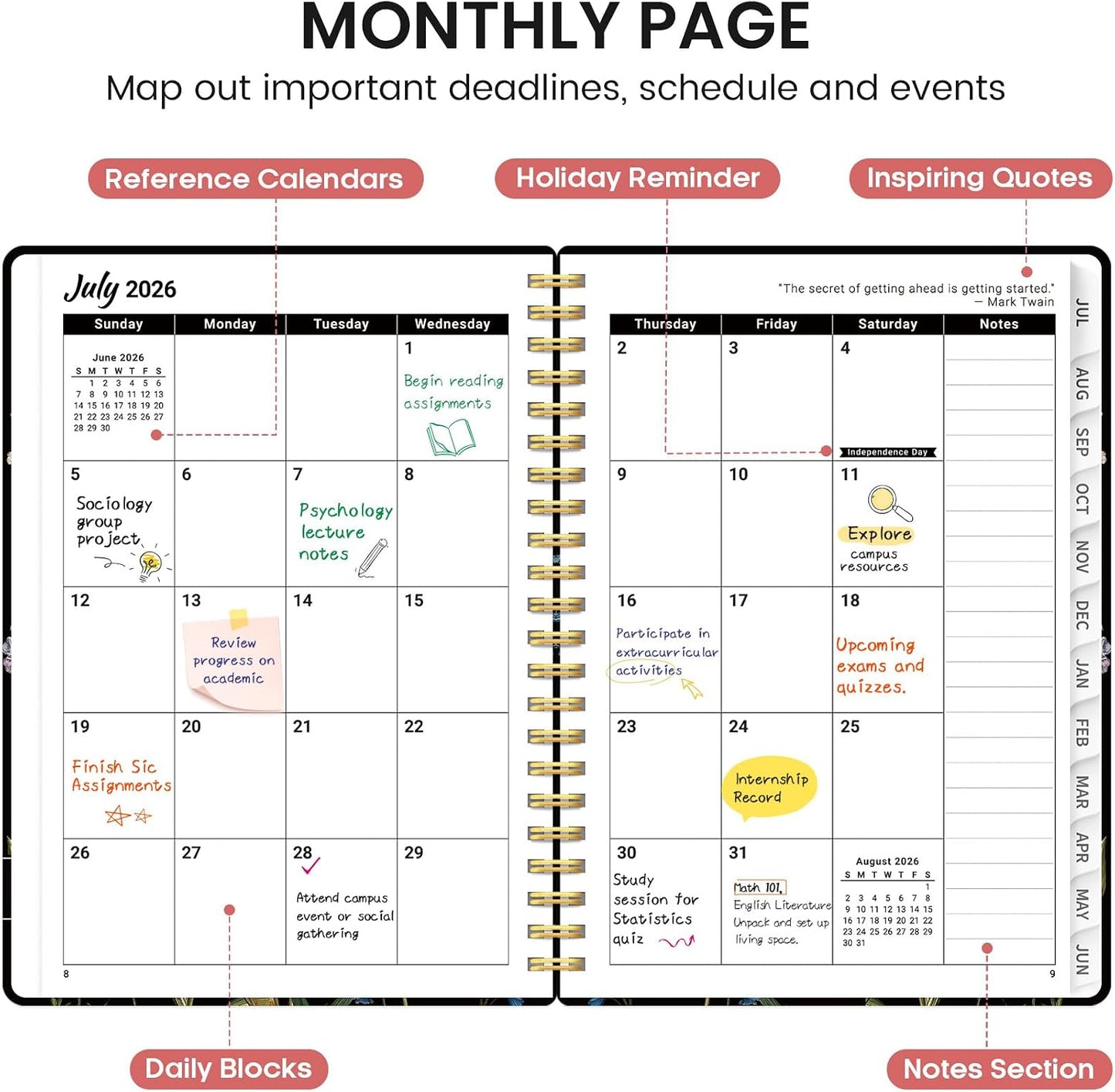 Planner 2026-2027, Academic Monthly and Weekly Calendar Planner for Women, July 2026 - June 2027, Hardcover Pretty Agenda Planner Book with Tabs, Spiral Daily Organizer for School Office Home Supplies, 6.3" x 8.5" - Blue Floral