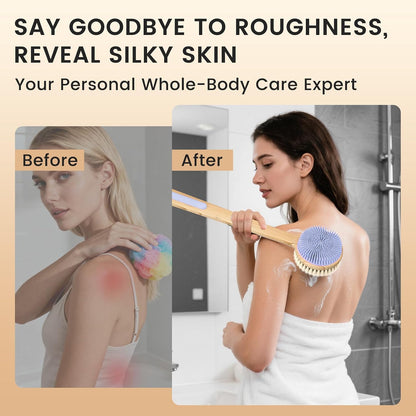 Back Scrubber for Shower，17in Bamboo with Curved Long Handle - Stiff Natural Boar Bristles for Men and Women, Deep Cleansing and Exfoliating, Anti-Slip Grip for Wet or Dry Brushing