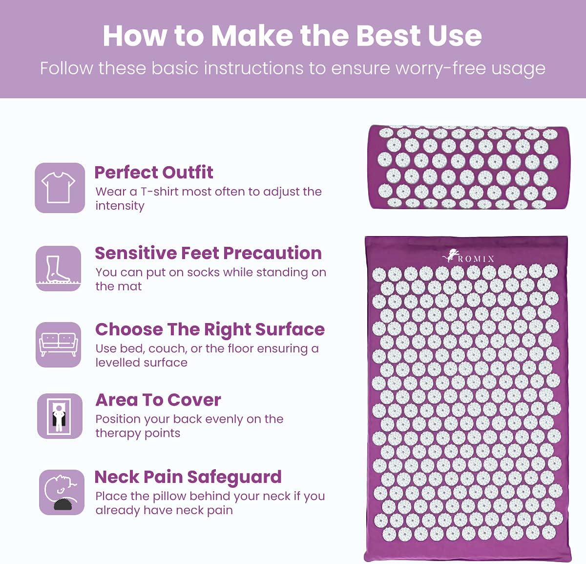 ROMIX Acupressure Mat and Pillow Set, Acupuncture Mat for Back Pain, Neck, Shoulder Pain Relief, Stress Reduction, Wellness Therapy, Cushioned Acupressure Mats with Carry Bag for Men and Women