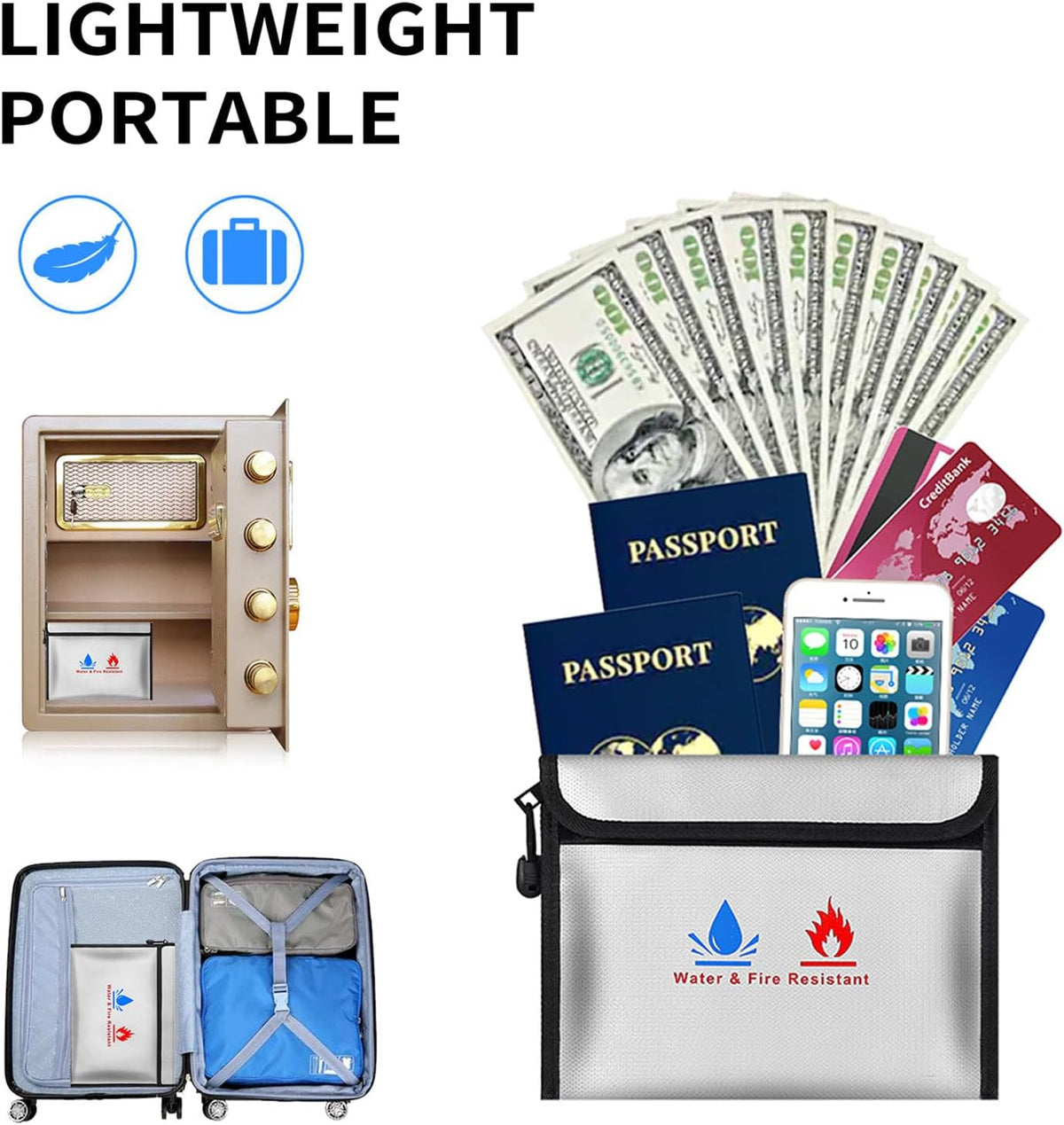 Fireproof Document Bag,Including a Set of fire-Resistant Wallet Security Pouches 9 x 7 in with a Non-irritating Silicone Coating,for Secure Storage of Cash, Important documents