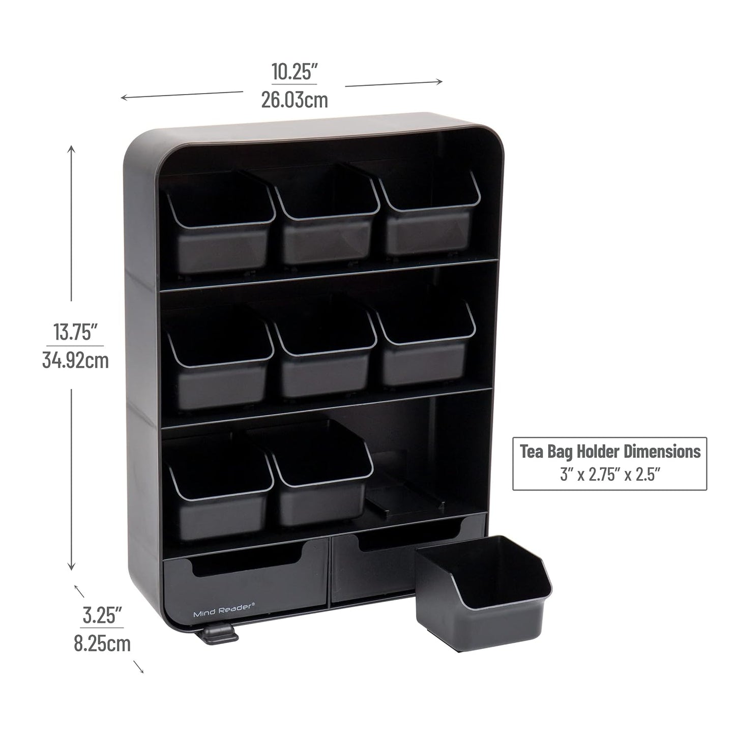 Mind Reader Tea Bag Organizer, Tea Station Organizer, Countertop Storage, Kitchen, Plastic, 10.25"L x 3.25"W x 13.75"H, Black