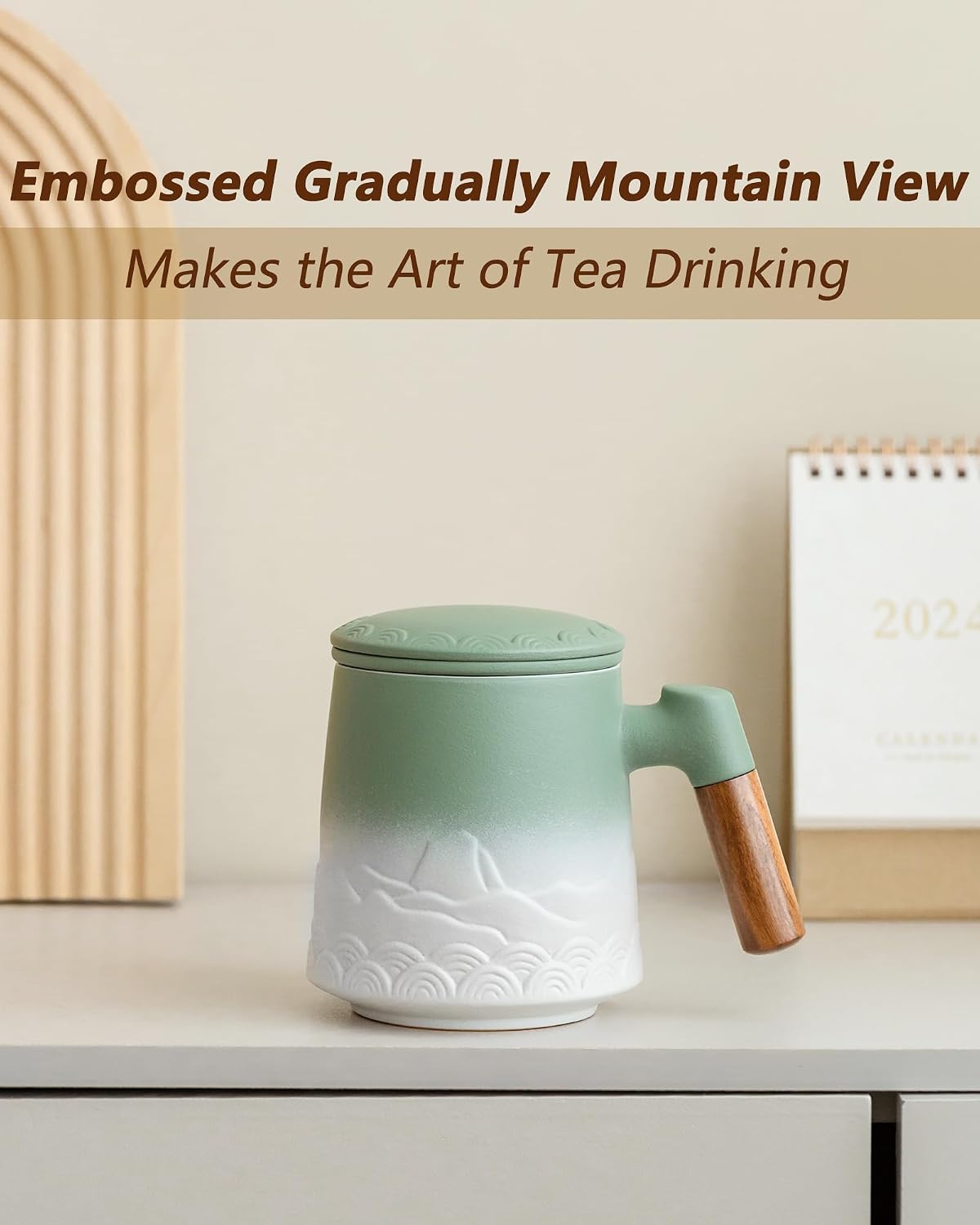 ZENS Embossed Ceramic Tea Mug with Infuser and Lid, 14.5 oz Wooden Handle, Loose Leaf Tea Steeper Cup & Strainer for Tea Lovers Gifts