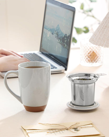 MALACASA Ceramic Tea Mug with Lid and Stainless Steel Infuser, 18 oz Large Tea Cup for Loose Leaf Tea, Heat-Resistant, Microwave & Dishwasher Safe, Speckled Glaze Coffee & Tea Brewer Mug, Khaki White