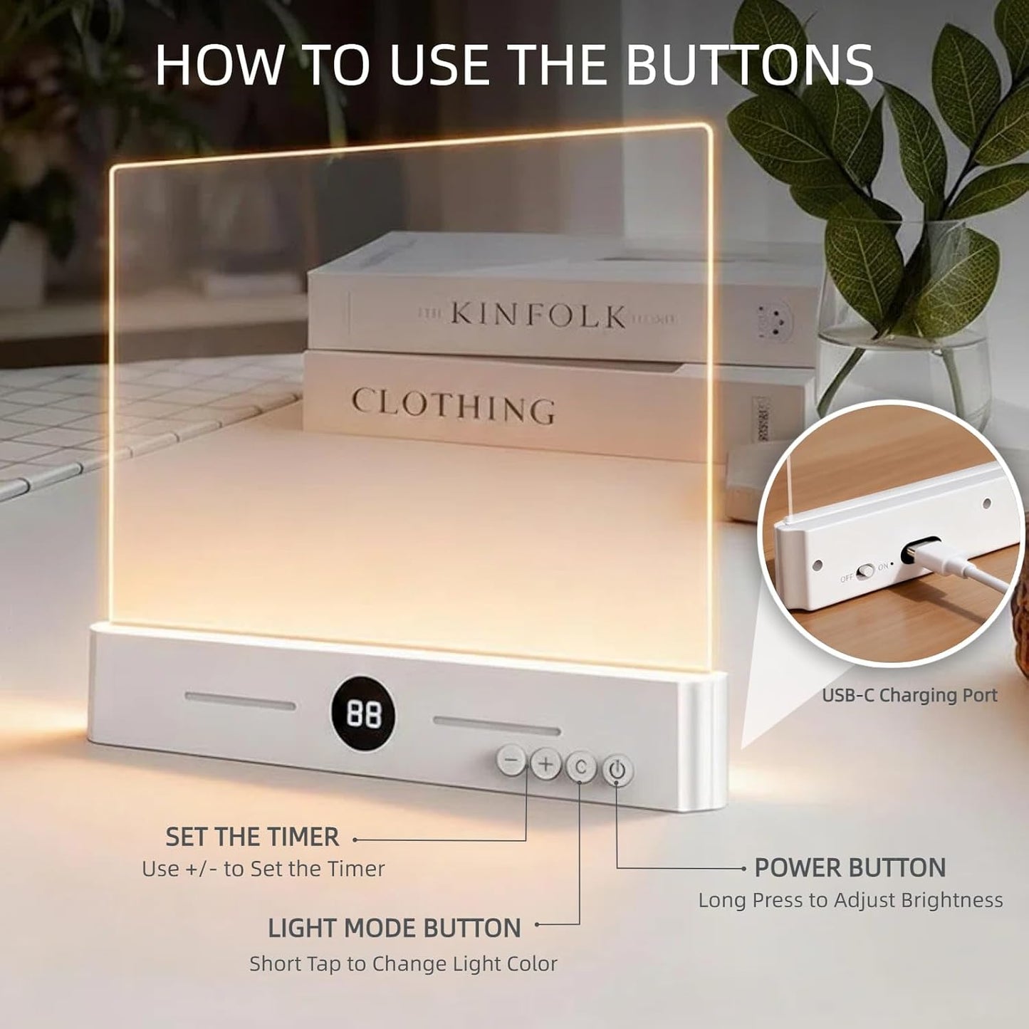 Rechargeable Flat Book Light with 3 Colors & Timer, Dimmable Book Page Light for Reading in Bed at Night, Portable Reading Light, Great for Adults and Book Lovers (White)