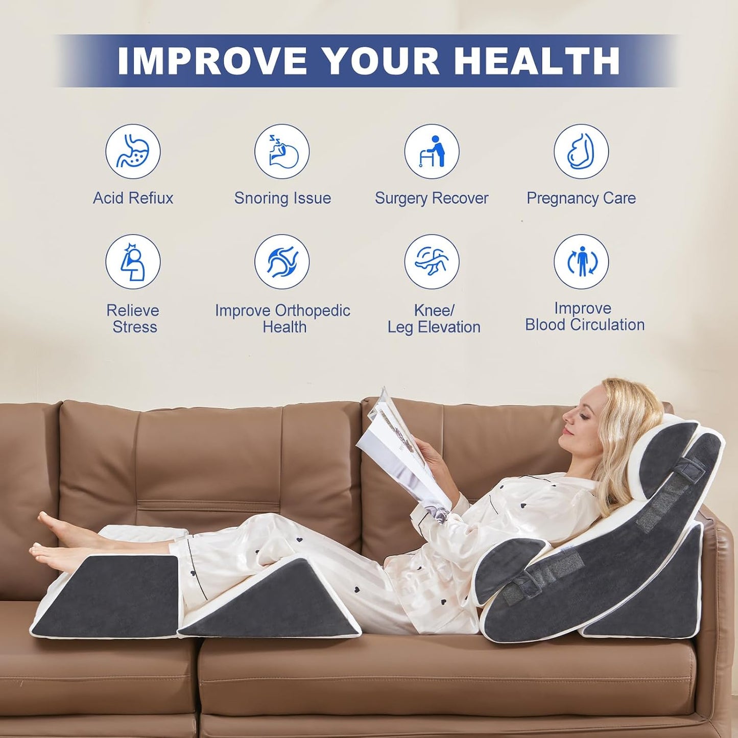 4PCS Orthopedic Bed Wedge Pillow Set for Sleeping, Post Surgery Foam Support Pillows for Back, Neck and Leg Pain Relief, Adjustable Triangle Pillow – Acid Reflux, GERD & Snoring Recovery, White Grey