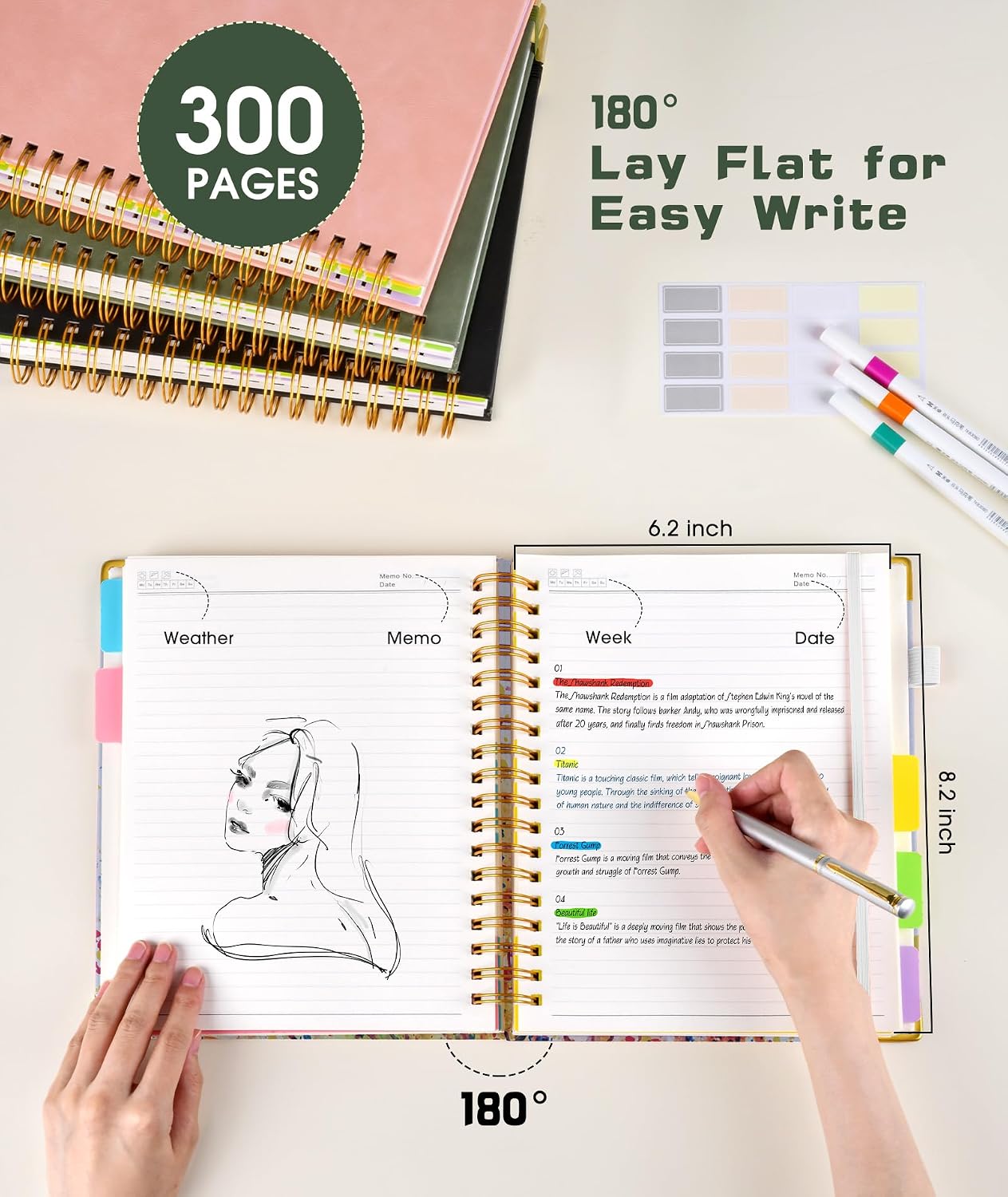 Hardcover Spiral Notebook journal with Removable Dividers Tabs, 300 Pages Leather 5 Subject Notebook College Ruled, 8"x10" Large B5 Notebooks for Work School Note taking, Lined Journal for Women,Black