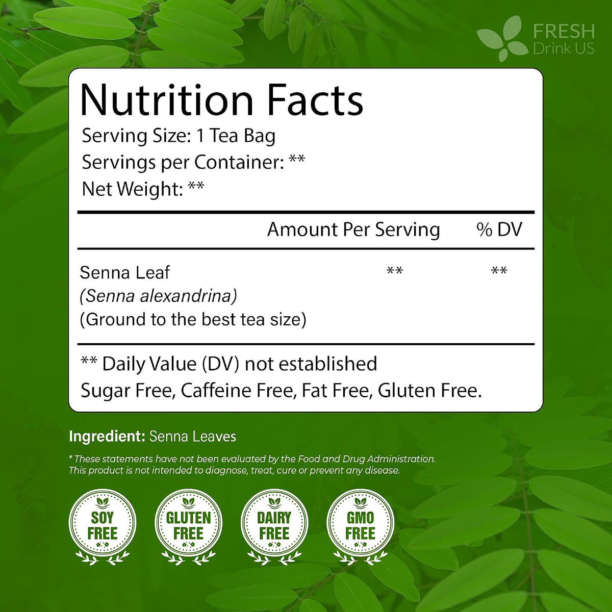 FreshDrinkUS, Premium Senna Leaf Tea Bag, 75 Count, Pure, Caffeine Free