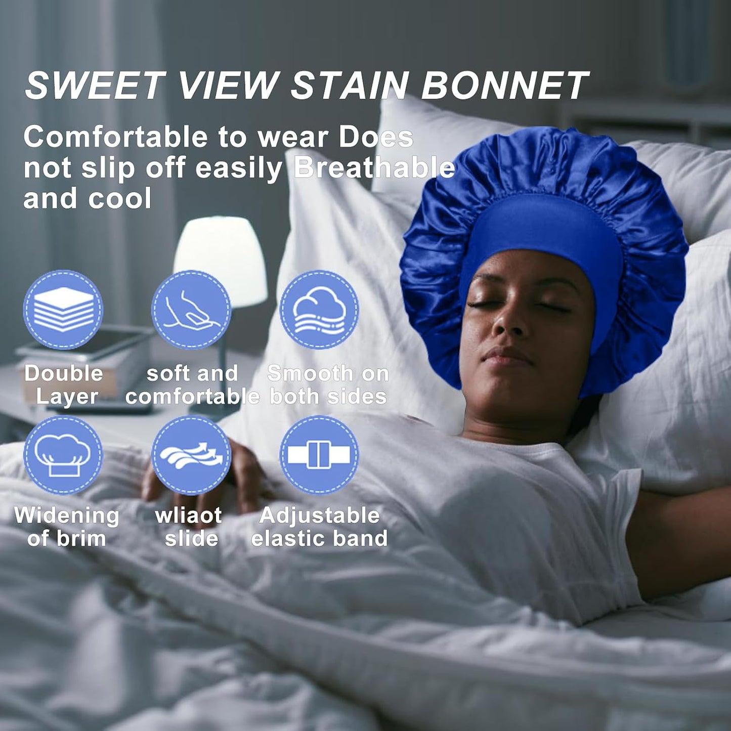 4PCS Silk Satin Bonnets for Black Women & Men - Elastic Wide Band Hair Wrap Cap for Curly Hair - Shower Cap for Sleeping (Black, Peacock Blue, Pink, Khaki)