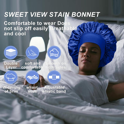 4PCS Silk Satin Bonnets for Black Women & Men - Elastic Wide Band Hair Wrap Cap for Curly Hair - Shower Cap for Sleeping (Black, Peacock Blue, Pink, Khaki)
