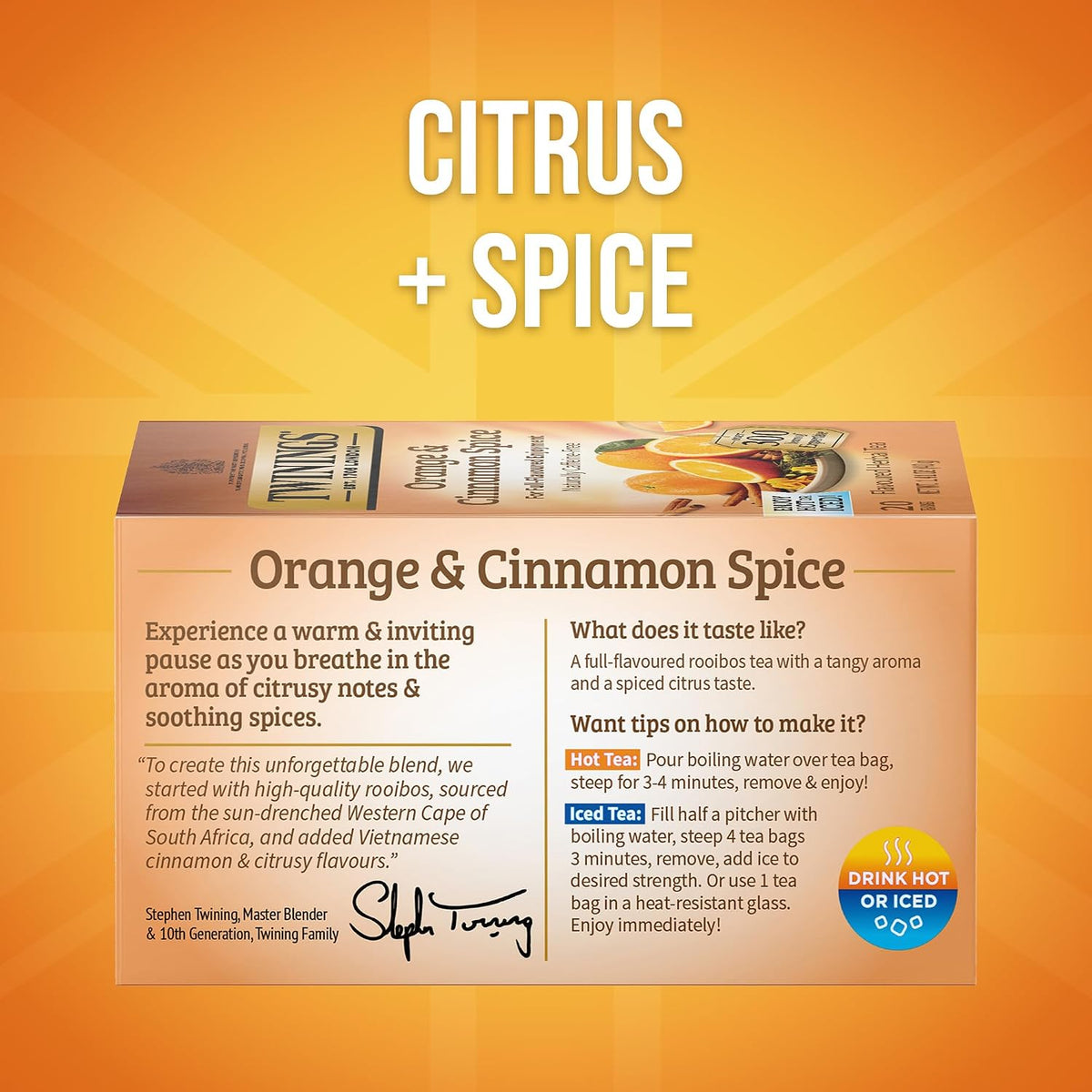 Twinings Orange & Cinnamon Spice Herbal Tea Individually Wrapped Bags, 20 Count (Pack of 6), Naturally Caffeine-Free, Enjoy Hot or Iced, 120 Teabags