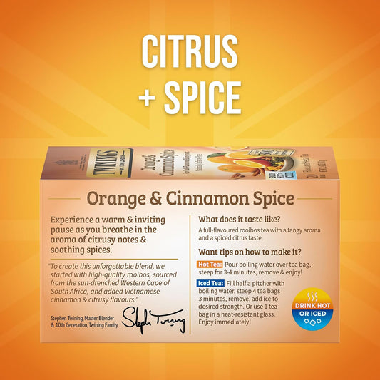 Twinings Orange & Cinnamon Spice Herbal Tea Individually Wrapped Bags, 20 Count (Pack of 1), Naturally Caffeine-Free, Enjoy Hot or Iced, 20 Teabags