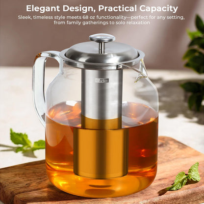 Aquach 51oz Glass Teapot with Infuser, Stovetop Safe Borosilicate Tea Pot | Dishwasher Safe, Plastic-free, Precise Loose Leaf Filter, Easy-clean Opening, Sharing Capacity