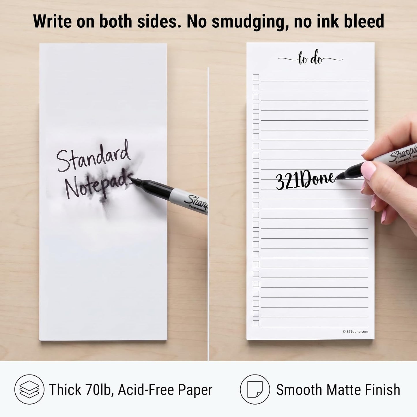 321Done To Do List Notepad, 2-Pack 50 Sheets Each, 3.7x8.5 College Ruled Pad, 70lb Matte Paper, Note Pad for Shopping List, Checklist To-Dos Tasks Planning for Home Office, Made in USA