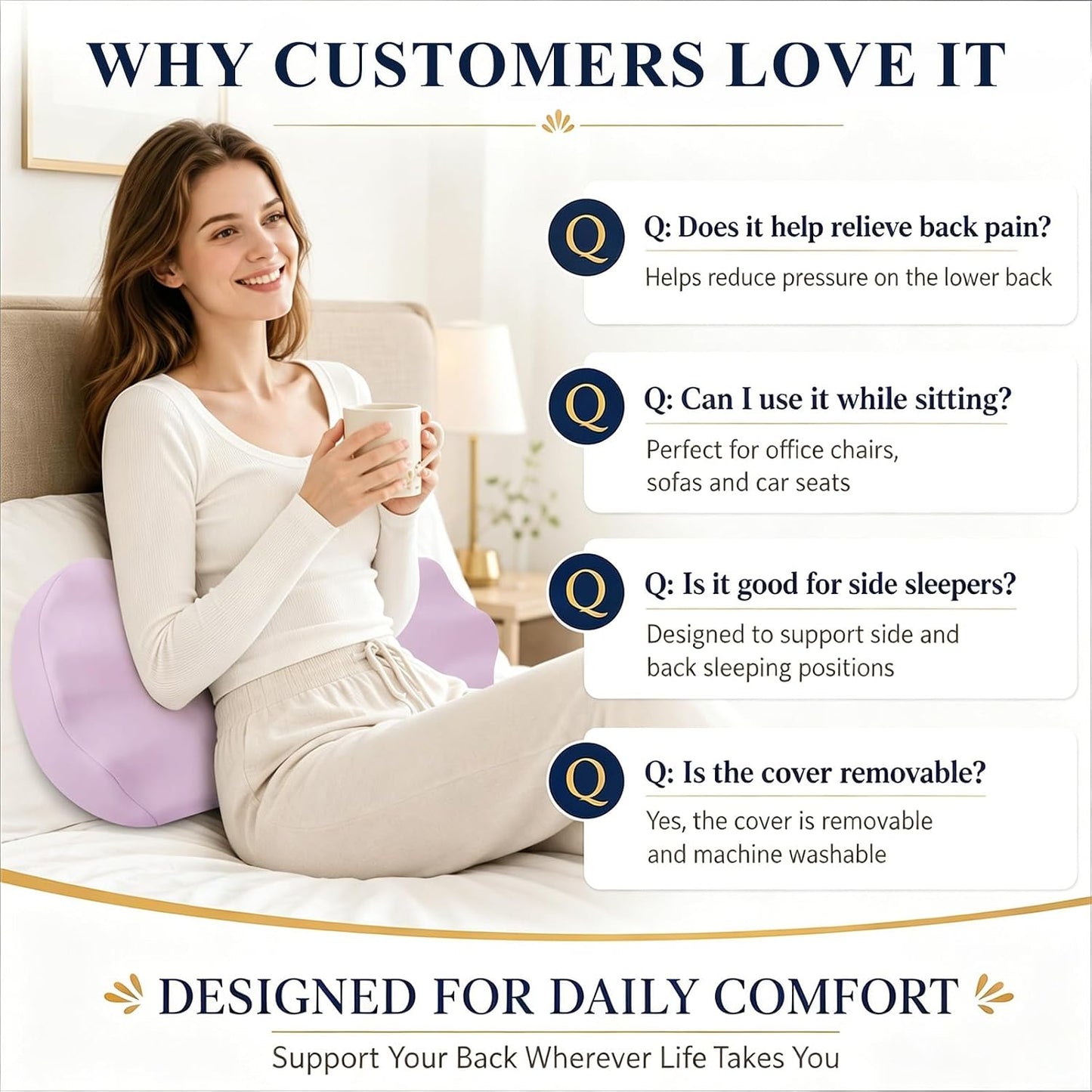 Fledano Lumbar Pillow for Sleeping, Lumbar Support Pillow for Bed for Back Pain Relief, Memory Foam Lower Back Pillow for Bed, Back Support Pillow for Side & Back Sleepers, Washable Cover