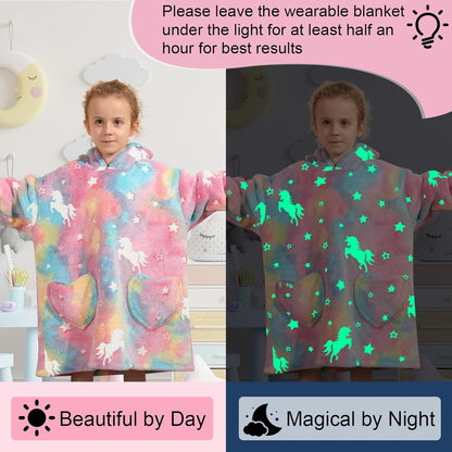Fiosnow Glow in the Dark Unicorn Blanket Hoodies for Kids 6-13YR Oversize Wearable Blanket Hoodies for Boys Girls Teens