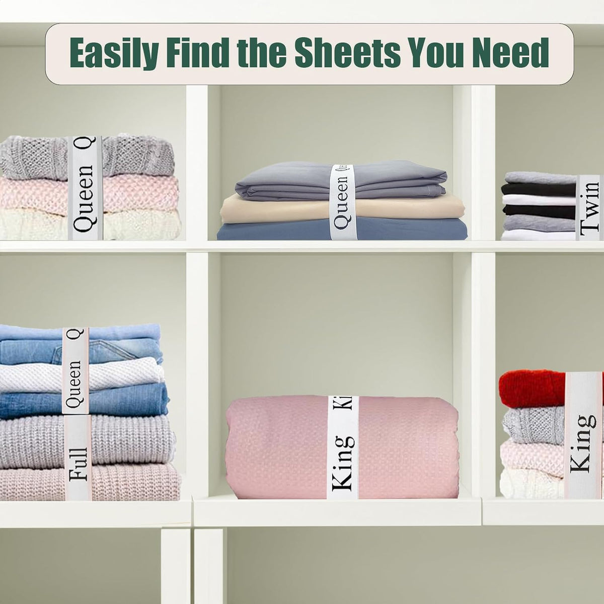 Bed Sheet Organizer Bands, Sheet Organizers and Storage Label Bands, Sheet Label for Bedding, Sheets Organizer for Closet,Sheet Keepers Linen Labels Bedding Bands (Queen)
