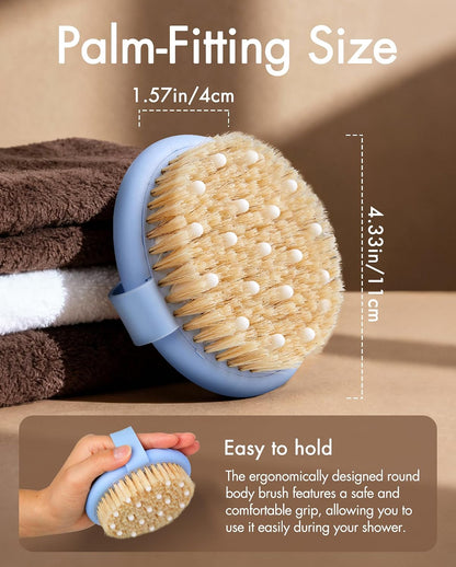 Dry Brushing Body Brush for Massage - Natural Boar Bristle Exfoliating Brush with Massage Nodes for Lymphatic Drainage, Cellulite, Blood Circulation Improving Skin Health for Women Men Elderly(Grey)