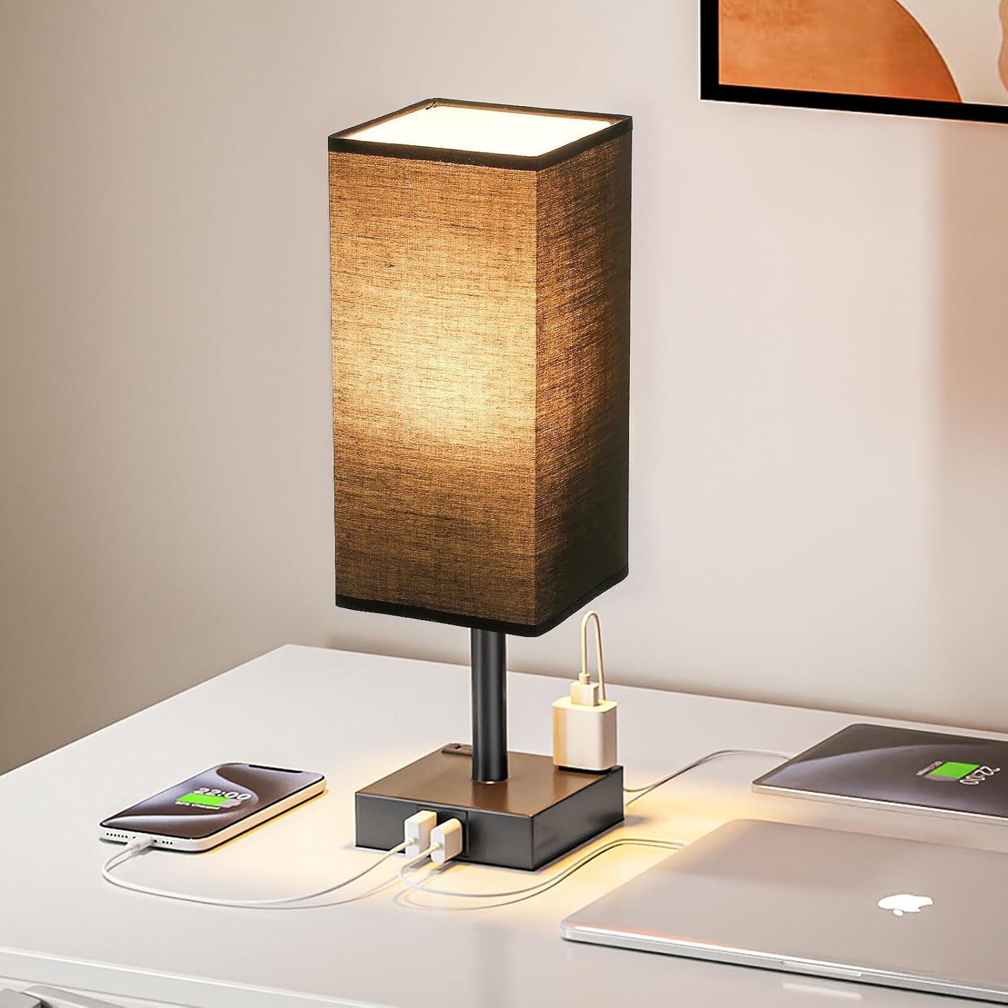 【Upgraded】Bedside Table Lamp Touch Control, with USB C+A Charging Ports & Dual AC Outlets, 3-Way Nightstand Lamp for Bedroom with LampShade Living Room Office(LED Dimmable Bulb Included)