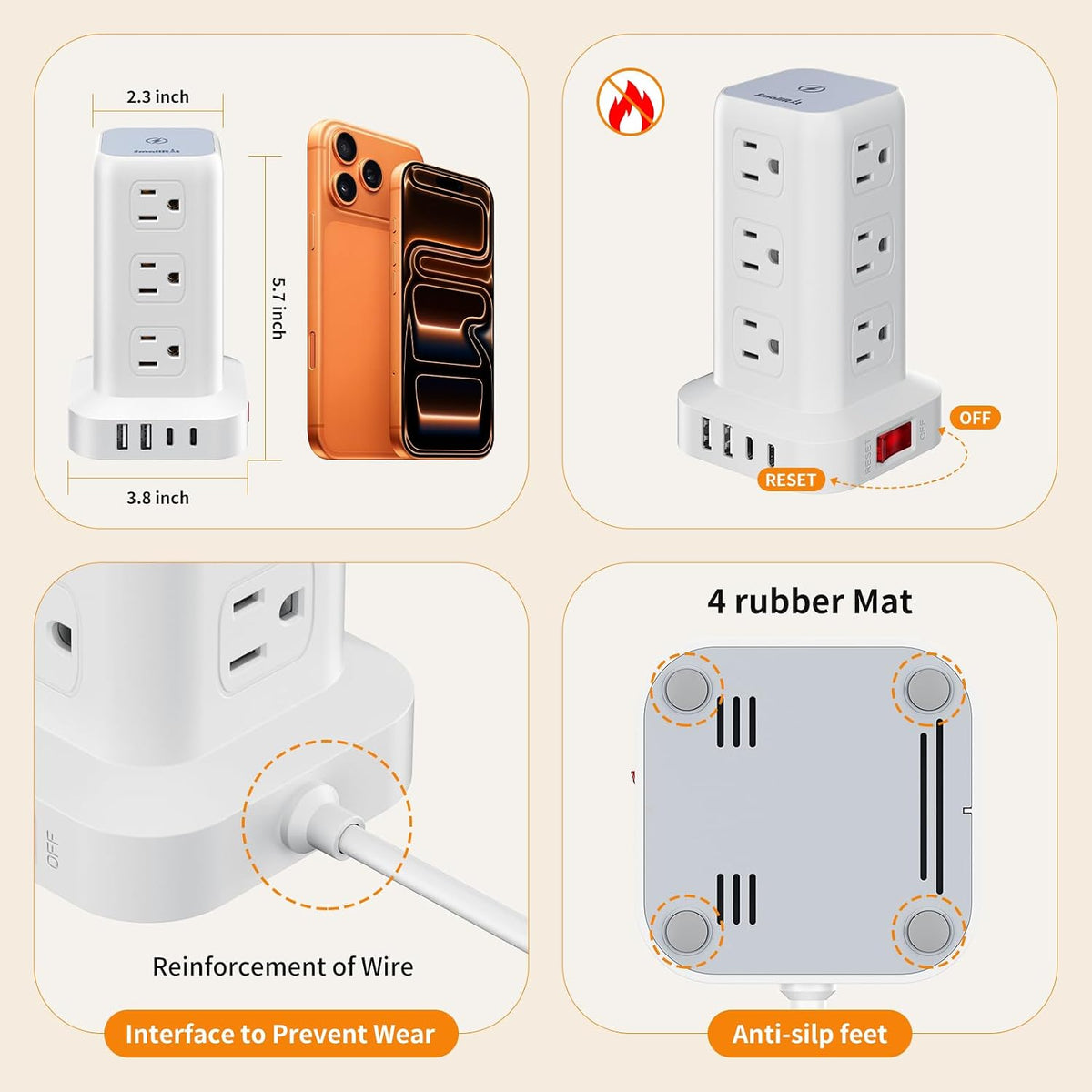 Extension Cord with Multiple Outlets, SMALLRT Power Strip Tower, Outlet Extender with 12 AC Outlets 4 USB, 6.5FT Extension Cord for Home Dorm Room, Office Supplies,Overload Protection