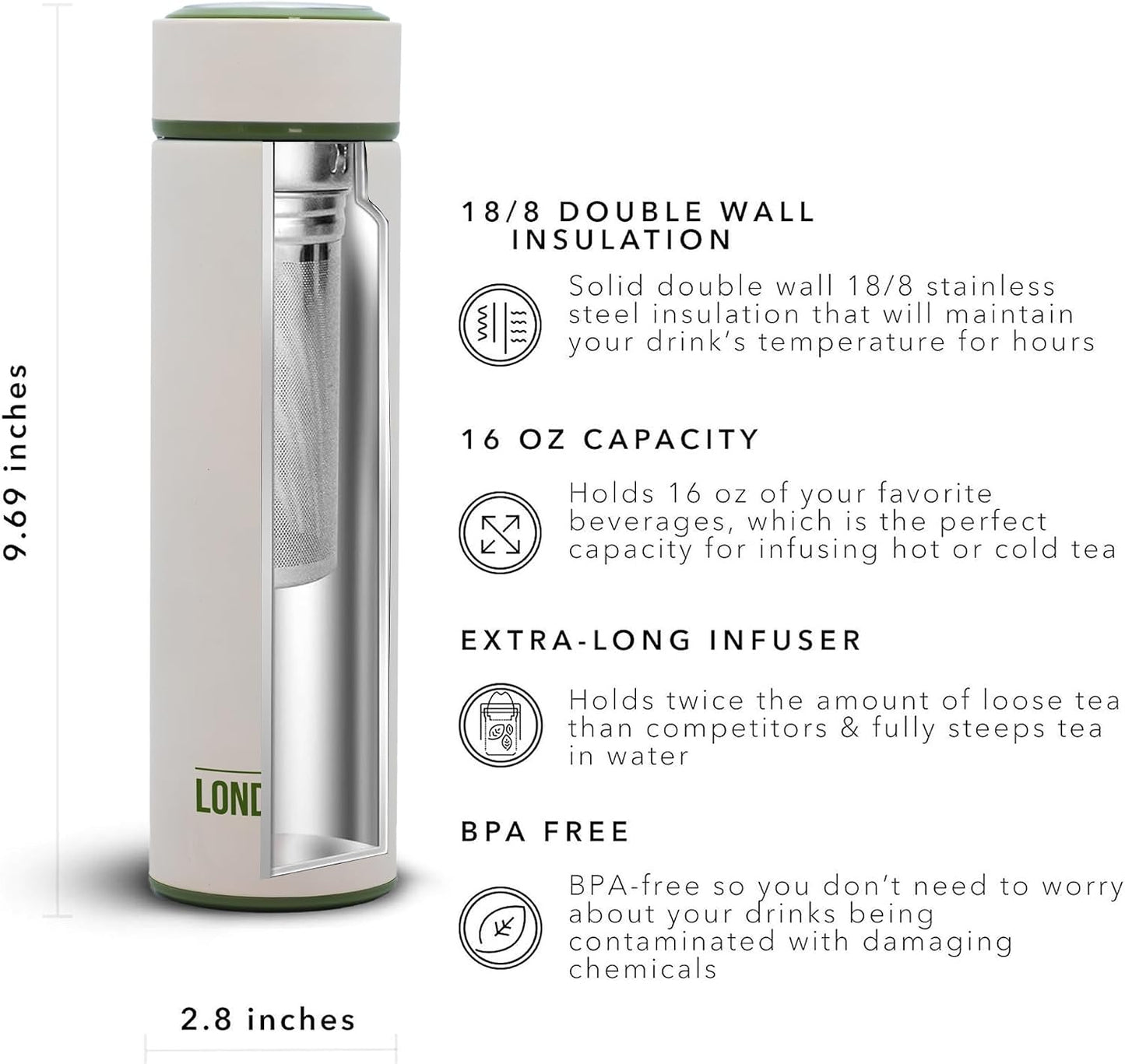 London Sip Multi-Purpose Tea Infuser Travel Mug and Tumbler Fruit Infuser Flask Hot and Cold Double Wall Stainless Steel Thermos with Extra-Long Infuser, Midnight Teal