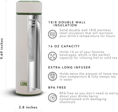 London Sip Multi-Purpose Tea Infuser Travel Mug and Tumbler Fruit Infuser Flask Hot and Cold Double Wall Stainless Steel Thermos with Extra-Long Infuser, Midnight Teal