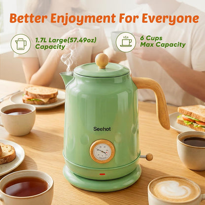 Seehot® Electric Kettle With Thermometer, 1.7L Electric Tea Kettle, 1200W Hot Water Kettle Electric, Auto Shutoff, Boil-Dry Protection, 304 Stainless Steel, Cordless Base, Black