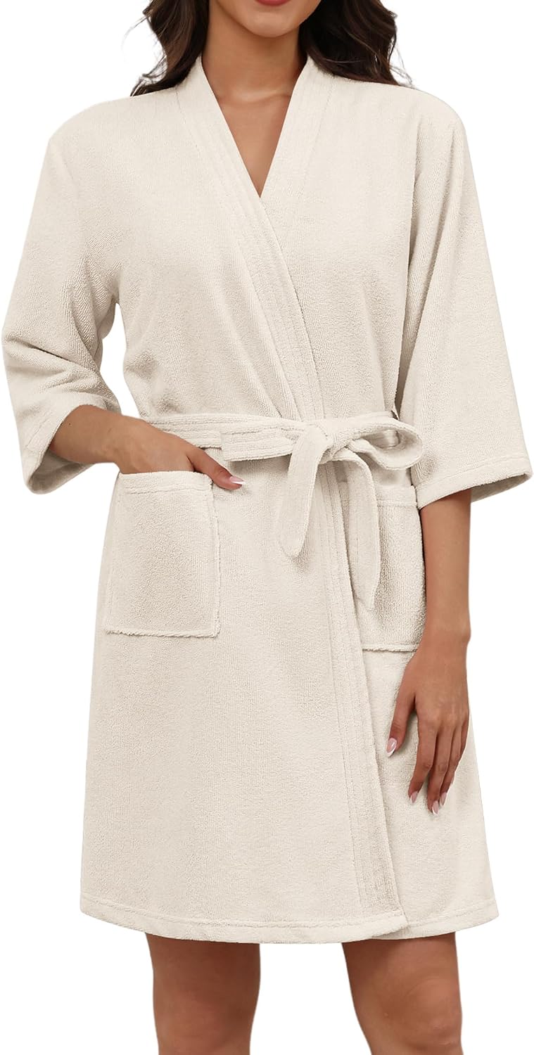 Ekouaer Women Terry Cloth Robes Absorbent Towel Robe Knee Length Soft Bathrobe 3/4 Sleeve Spa Robe with Pockets S-2XL