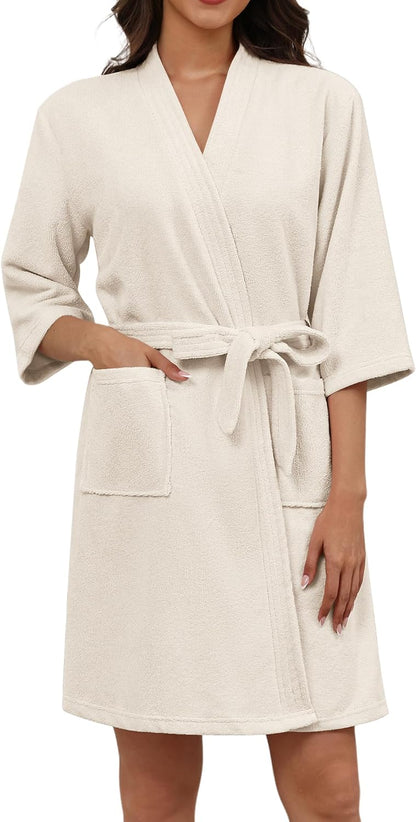 Ekouaer Women Terry Cloth Robes Absorbent Towel Robe Knee Length Soft Bathrobe 3/4 Sleeve Spa Robe with Pockets S-2XL