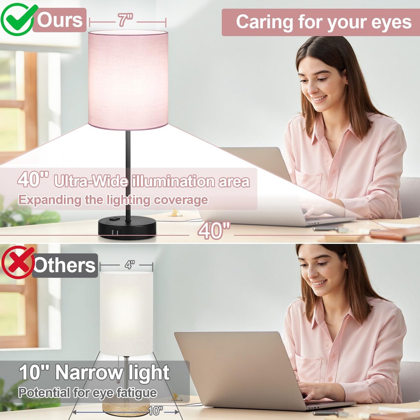 Set of 2 Touch Control Table Lamps with 2 USB & AC Outlet, 3-Way Dimmable Bedside Nightstand Lamps for Bedroom Living Room Nursery, 800 Lumens 5000K Daylight Bulbs Included