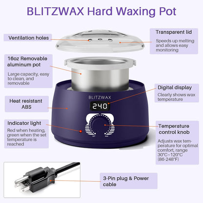 BLITZWAX Brazilian and Bikini Waxing Kit for Women, Hard Wax Warmer for Face, Legs and Body, At Home Hair Removal Kit, Beginner Friendly, Digital Fast Heating, 51 Wax Items