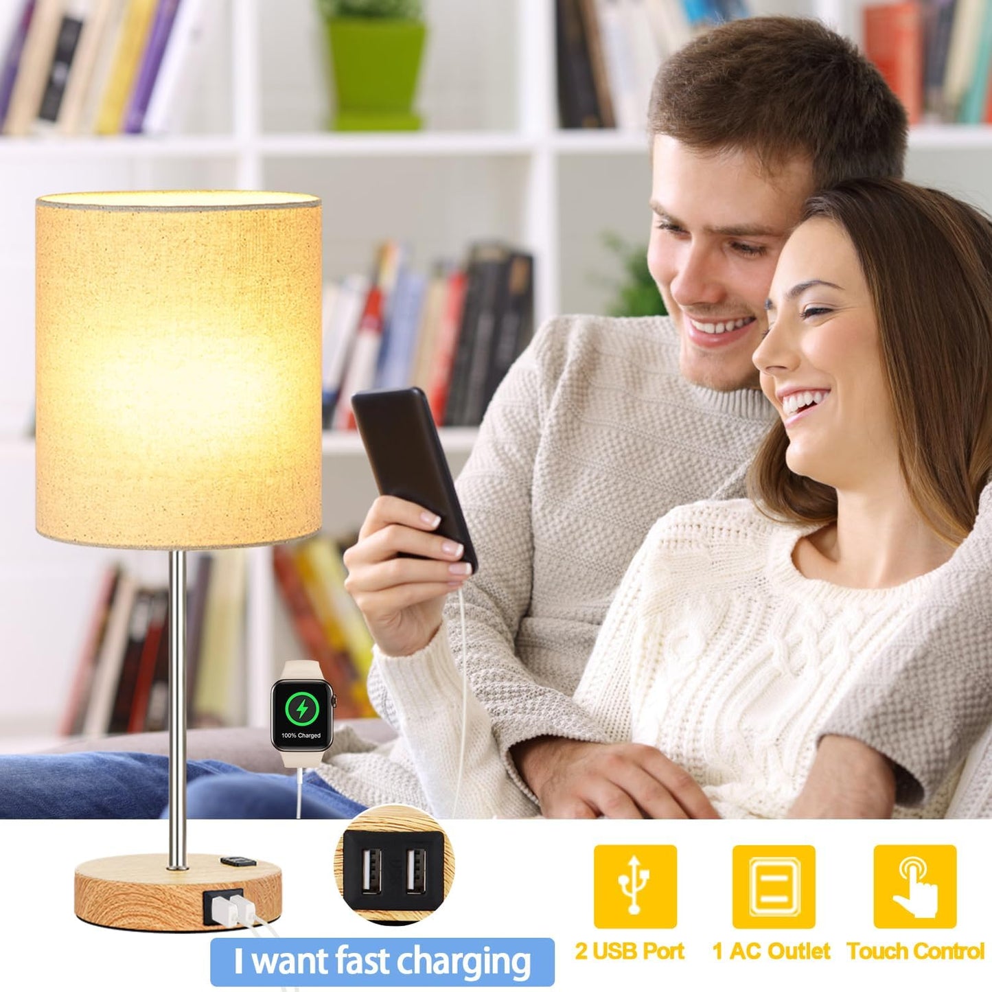 Set of 2 Touch Control Table Lamps with 2 USB & AC Outlet, 3-Way Dimmable Bedside Nightstand Lamps for Bedroom Living Room Nursery, 800 Lumens 5000K Daylight Bulbs Included
