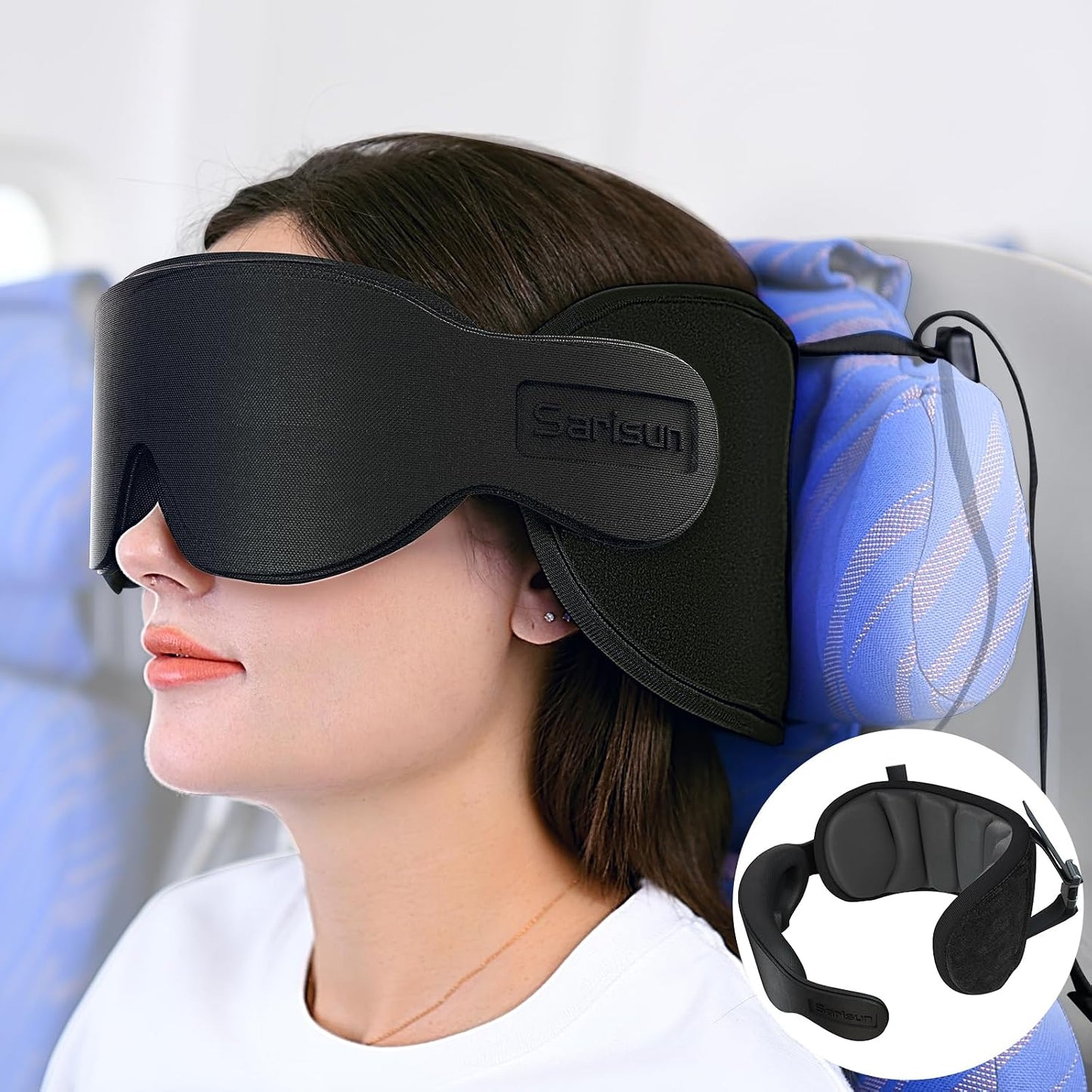 SARISUN Travel Pillows for Airplanes, 360° Support Headrest Pillow with Eye Mask for Sleeping, Travel Airplane Pillow for Long Flights Car Road Trip, Travel Accessories Stop Bobblehead, Black