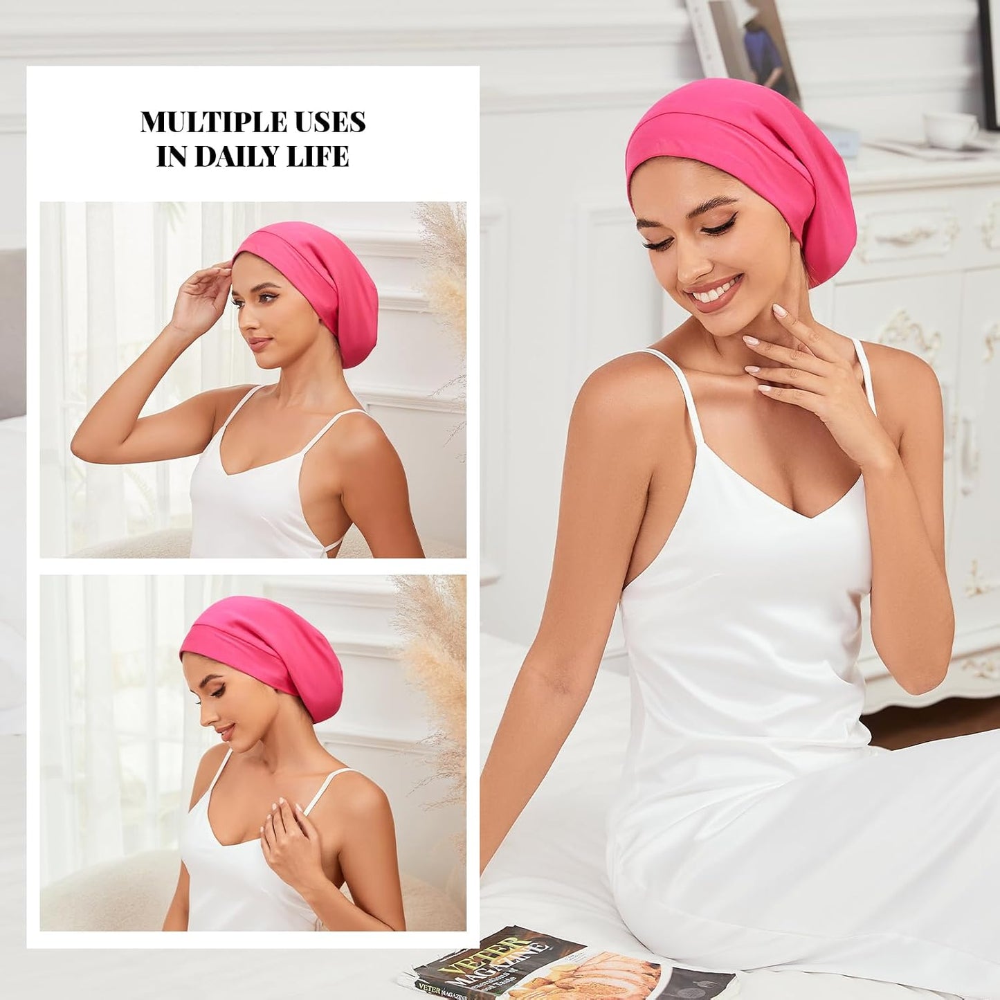 ZHENSILK Silk Bonnet for Sleeping Women, Adjustable Silky Satin Lined Sleep Cap, Silk Hair Wrap Slouch Beanie Hat