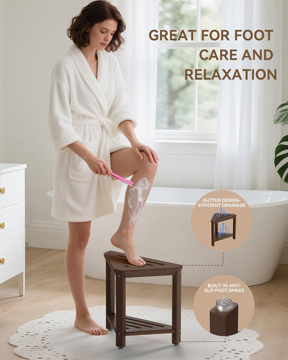 Shower Foot Rest 15in, HDPE Waterproof Shower Stool for Inside Shower, Corner Shower Stool for Shaving Legs with Storage Shelf for Small Space, Shower Step Stool, Plastic Corner Shower Bench, White