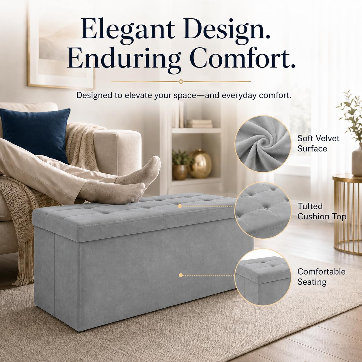 ALASDO Storage Ottoman Footrest Stool Small Ottoman with Storage Foldable Ottomans Foot Rest Footstool Bench for Living Room 17x13x13inches Grey