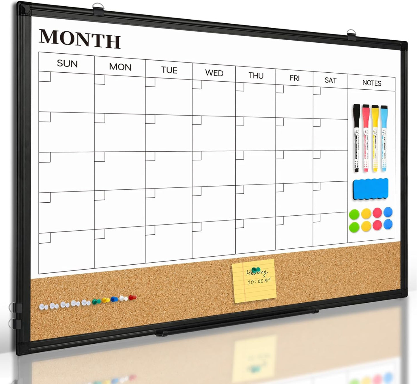 Dry Erase Calendar Whiteboard for Wall, 24"x18" Magnetic Monthly White Board Cork Board Combo, Double Sided, Aluminum Frame, Wall Hanging Wipe Board for Home, Office, School, Dorm