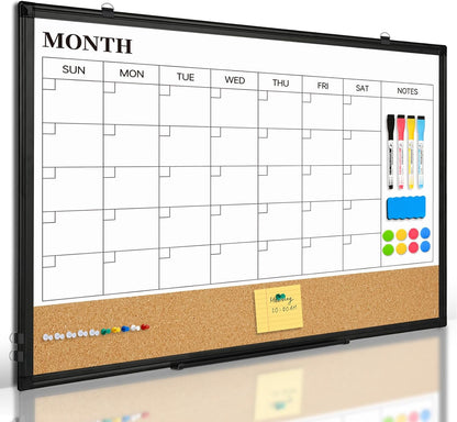 Dry Erase Calendar Whiteboard for Wall, 24"x18" Magnetic Monthly White Board Cork Board Combo, Double Sided, Aluminum Frame, Wall Hanging Wipe Board for Home, Office, School, Dorm