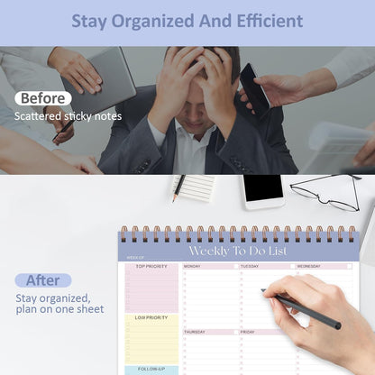 Weekly To Do List Notepad, 52 Sheets, Undated Weekly Planner, Letter Size | 8.5"x11", 100GSM, Thick Paper, Twin-Wire Spiral Bound, Tear Off Desk Pad, For Women & Man, Home School & Office Work
