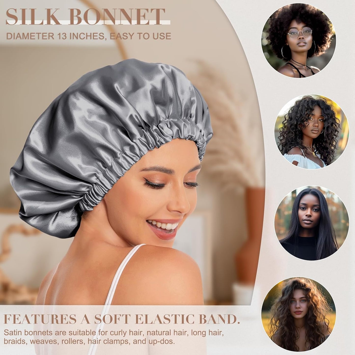 Satin Bonnet Silk Bonnet Hair Bonnet for Sleeping-Slouchy Beanie Hat Satin Sleep Cap for Women's Natural & Curly Hair(Blue Zircon)