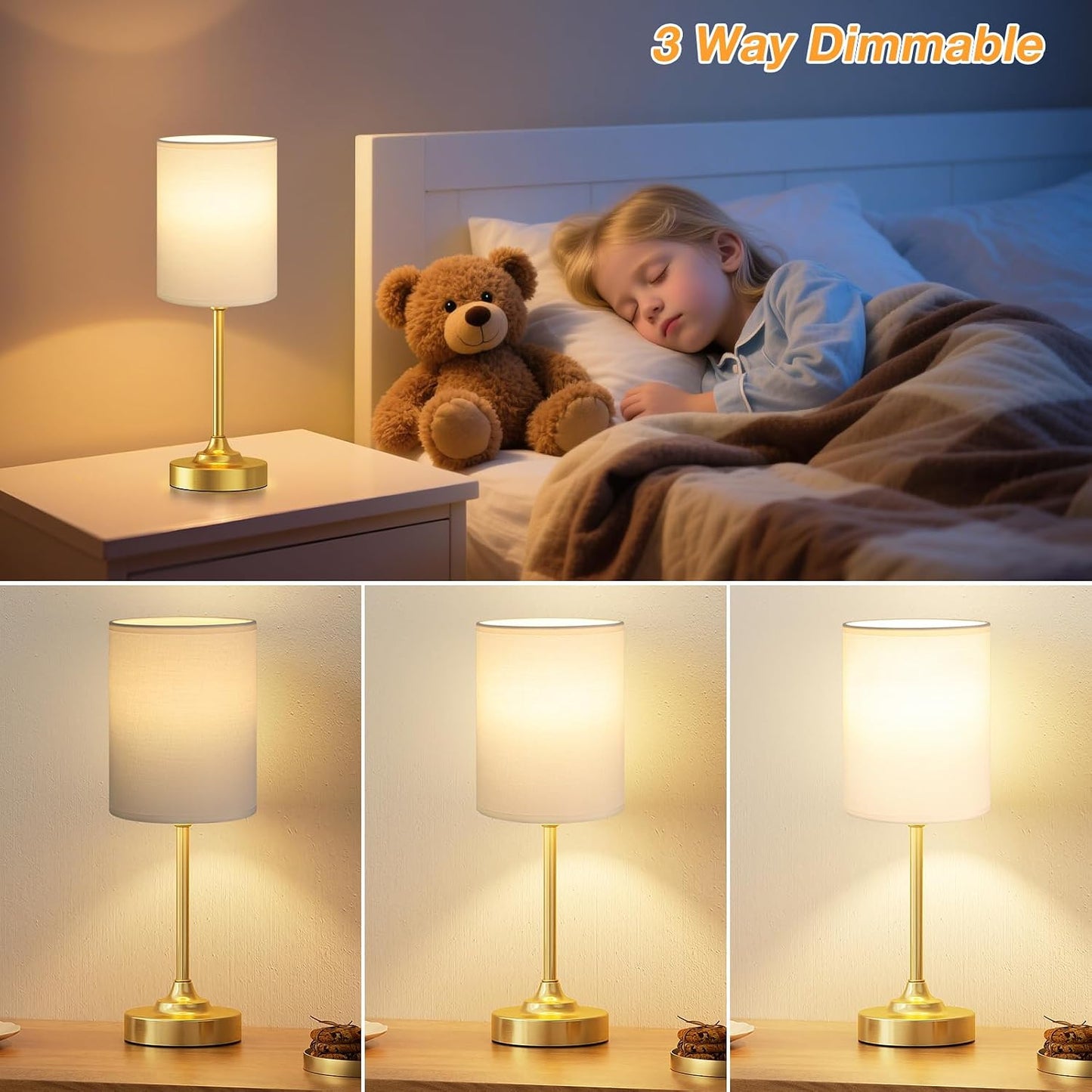 Small Bedside Table lamp for Bedroom - 3 Color Temperatures Bedside Lamps with USB C and A Ports, Pull Chain Table Lamps with AC Outlet, White Nightstand Lamps with Black Metal Base for Kids Reading