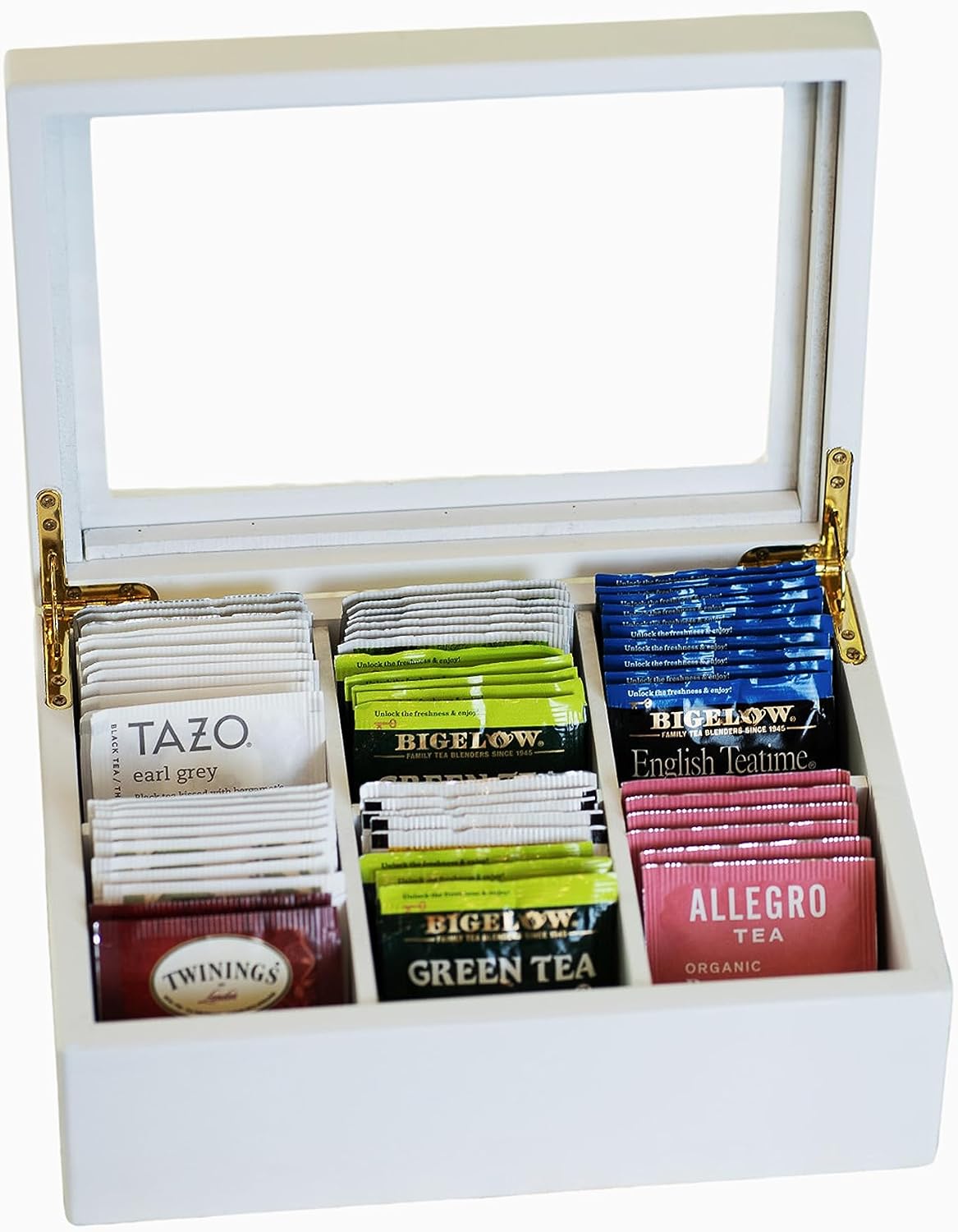 Break Tradition Wooden Tea Organizer For Tea Bags - 6 Compartments, Clear Top Window, Lid Stays Open (Black)