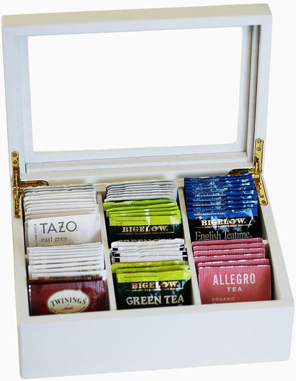 Break Tradition Wooden Tea Organizer For Tea Bags - 6 Compartments, Clear Top Window, Lid Stays Open (Black)