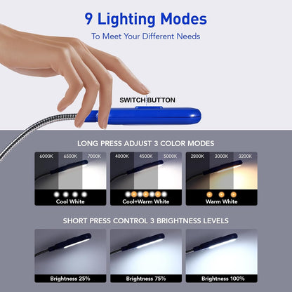 VAVOFO Clip On Book Light for Bed Kids, 7 LED Reading Light with 9-Level Warm Cool White Daylight, Eye Care Lamp with Power Indicator for Bookworms (Blue)