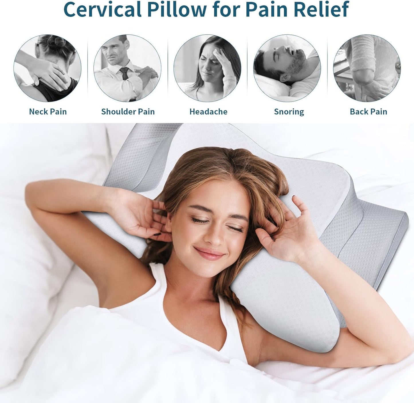 Cervical Neck Pillow for Pain Relief - Ergonomic Side Sleeper Pillow for Neck Support, Contour Orthopedic Cervical Pillow for Sleeping, Cooling Memory Foam Pillows for Back Stomach Sleepers (Blue)