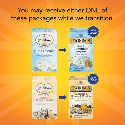 Twinings Camomile Herbal Tea Bag Variety 2-Pack – Pure + Honey & Vanilla Naturally Caffeine-Free Teas, 20 Count Each