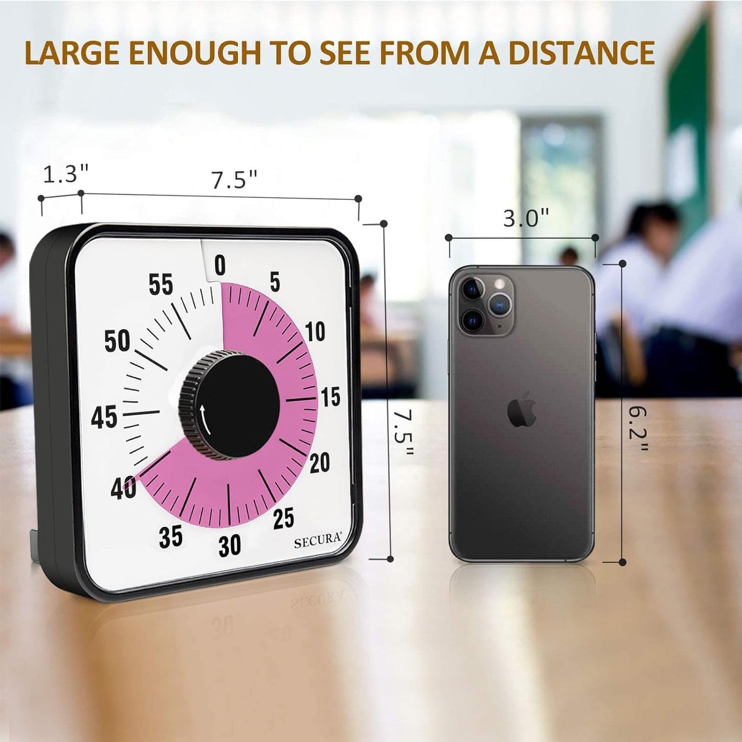 Secura 7.5 Inch Visual Timer, 60 Minute Visual Oversize Countdown Timer for Kids and Adults, Durable Mechanical Time Management Tool (Dark Green)