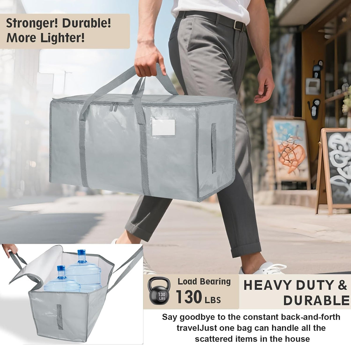 Moving Bags Extra Large - Heavy Duty Storage Totes with Wrap-Around Handles & Reinforced Zippers - Foldable Moving Box Alternative, Water-Resistant for Dorm, Closet & Under Bed Storage (Clear)
