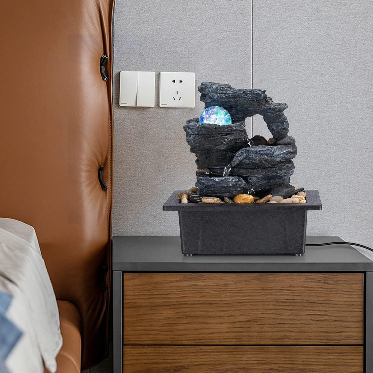 Amootek Table Top Fountain Spin Ball Rock Waterfall Fountain Office Table Top Fountain Includes Many Natural River Rocks Decorated with Colorful Lights and Rollers 9.05" L x 6.95" W x 10.25" H