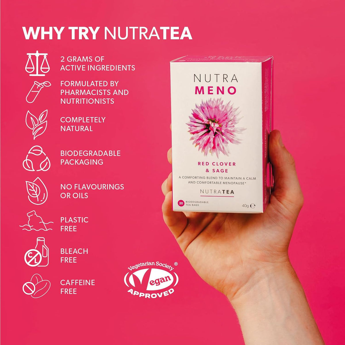 Nutra Tea NutraMeno - Menopause Tea, Red Clover Tea - Perimenopause & Menopause Relief For Women - Includes Red Clover, Sage & Rose - 20 Individually Wrapped Bags - Herbal Infusion (1 Pack)