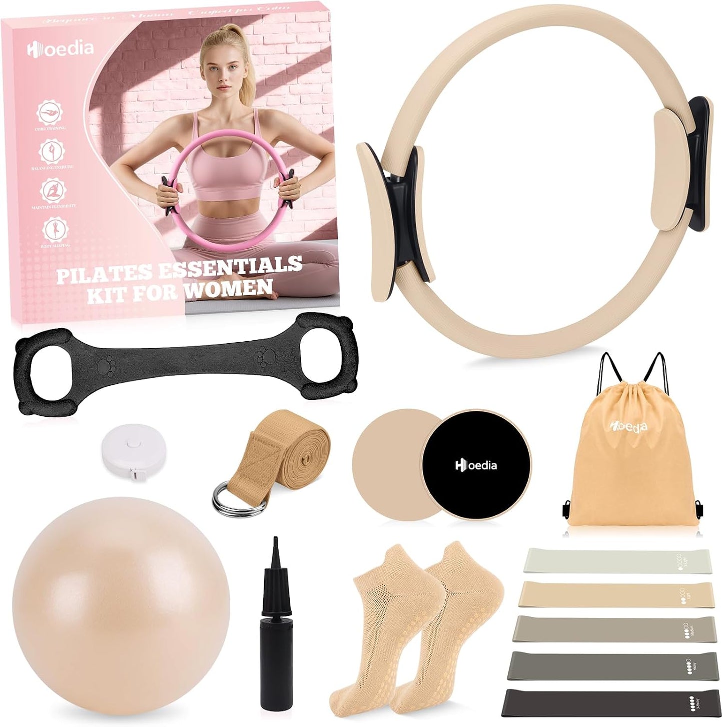 Hoedia Pilates Kit for Women, Pilates Equipment Ring and Ball Set with Resistance Bands, Yoga Strap, Core Sliders, Socks, Bag & Guide for Starter Home Workout Fitness Gym Essentials